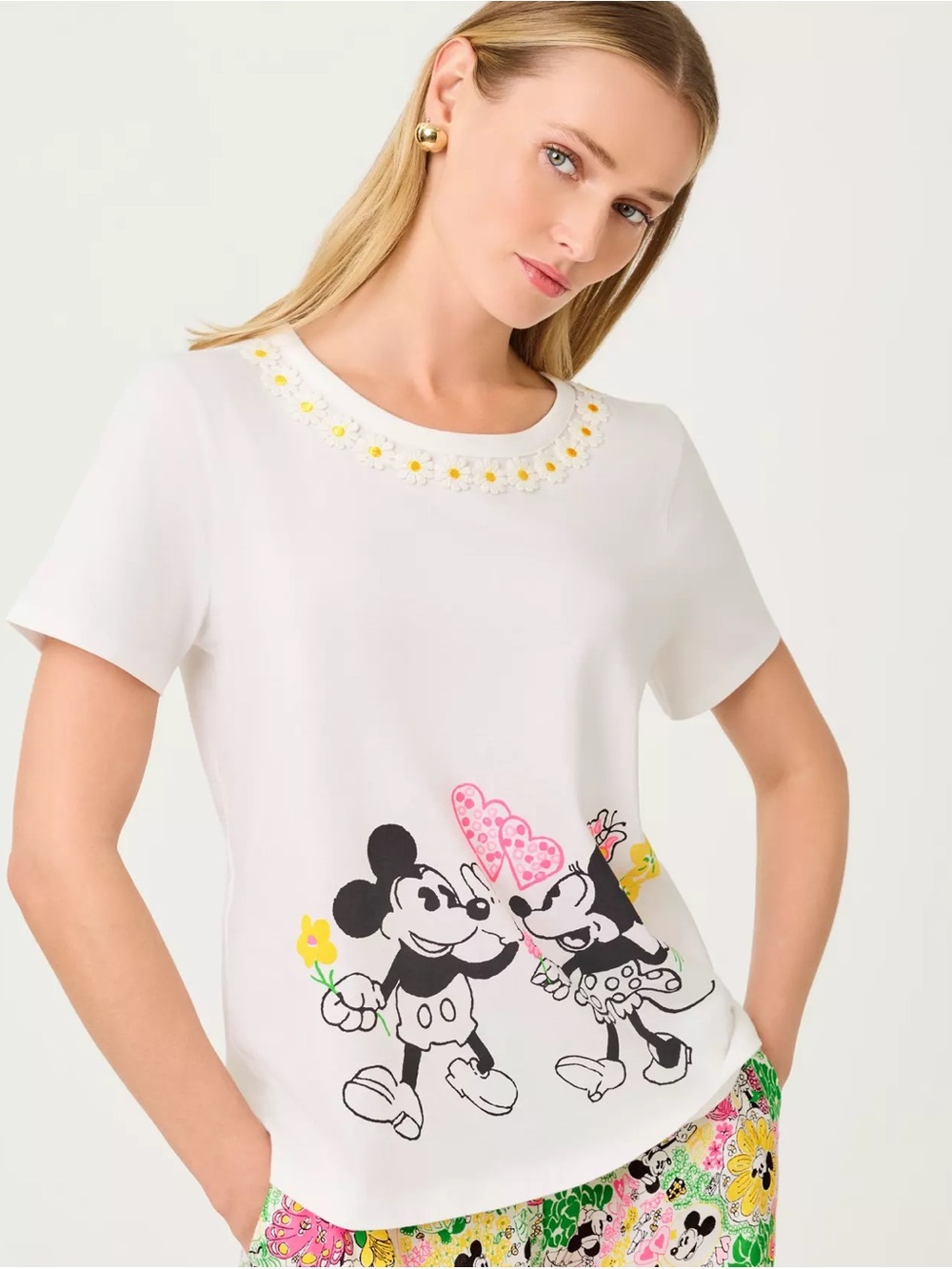 Lilly Pulitzer x Disney Clairmont Trimmed Knit Top Mickey Minnie Daisy White S